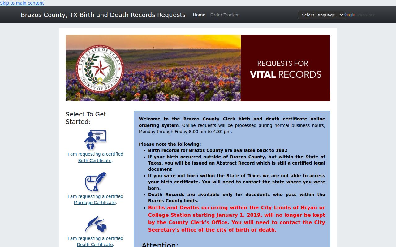 College Station resident lookup Brazos vital record order choices